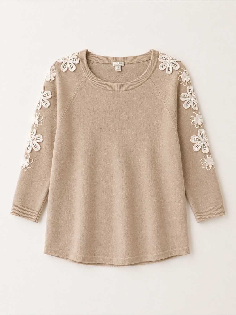 J.Crew Beige Floral Appliqué Sweater Feminine Cottagecore Knit Top M